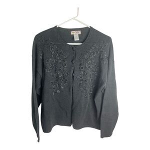 Vtg Tiara International Women’s Black Embroidered Ramie Cotton Knit Cardigan L